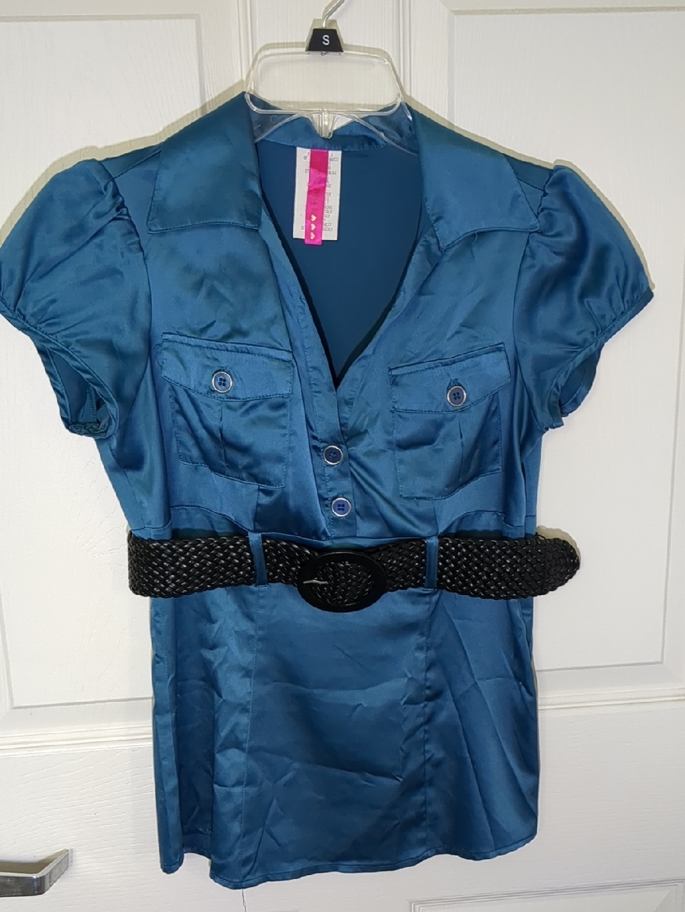 Teal Satin Blouse With Belt